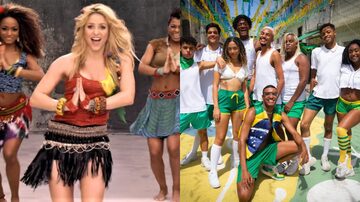 Shakira em 'Waka Waka' e jovens da Maré na recriação do hit. Foto: Reprodução/YouTube/@raphaelviicente/Instagram