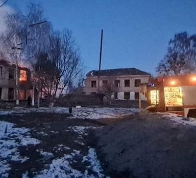 A view shows a school building destroyed by an airstrike, as Russia's invasion of Ukraine continues, in the town of Merefa, in Kharkiv region, Ukraine, in this handout picture released March 17, 2022.  Press service of the State Emergency Service of Ukraine/Handout via REUTERS ATTENTION EDITORS - THIS IMAGE HAS BEEN SUPPLIED BY A THIRD PARTY.