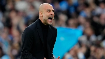 Manchester City's head coach Pep Guardiola reacts after Bernardo Silva scored the opening goal during the Champions League semifinal second leg soccer match between Manchester City and Real Madrid at Etihad stadium in Manchester, England, Wednesday, May 17, 2023. (AP Photo/Jon Super). Foto: Jon Super/AP