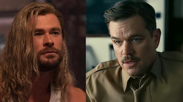 Atores Chris Hemsworth e Matt Damon caracterizados, respectivamente, como Thor e Leslie Groves. Foto: Marvel/Divulgação; Universal Pictures/Divulgação