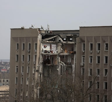 A destroyed part of a Ukrainian government administration building is seen following a bombing, as Russia's invasion of Ukraine continues, in Mykolaiv, Ukraine, March 29, 2022. REUTERS/Nacho Doce