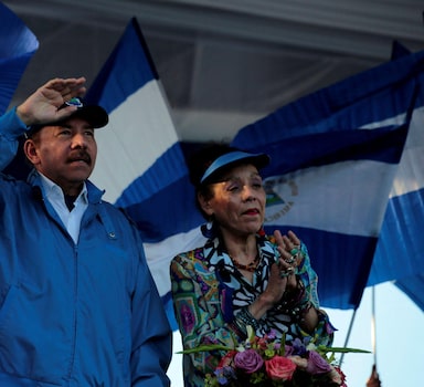 FILE PHOTO: Nicaraguan President Daniel Ortega and Vice President Rosario Murillo gesture during a march called "We walk for peace and life. Justice" in Managua, Nicaragua, September 5, 2018. REUTERS/Oswaldo Rivas/File Photo/File Photo
