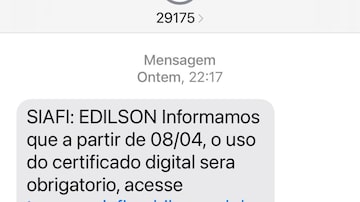 Mensagem SMS recebida por usuários do Siafi com link fraudulento, no dia 8 de abril. Foto: Reprodução