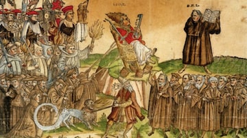 
Gravura de um panfleto protestante de 1568: Lutero e outros protestantes suportam os ataques da igreja católica sob o Papa Leo X.

