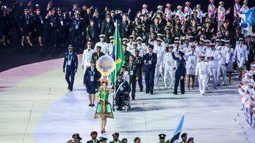 Delegação brasileira na abertura dos Jogos Mundiais Militares, em outubro de 2019. Foto: Foto: Pedro Ramos/Ministério da Cidadania