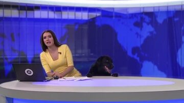 Apresentadora russa se assusta com cão "intruso" no meio do noticiário. Foto: MIR 24/Reprodução