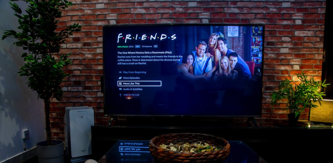 TV com a aba da série Friends no catálogo da Netflix. É possível ver uma mesa de centro com uma cumbuca com comida e uma revista dobrada. Também é possível notar uma planta ao lado esquerdo da TV e uma parede de tijolos. Foto: Unsplash