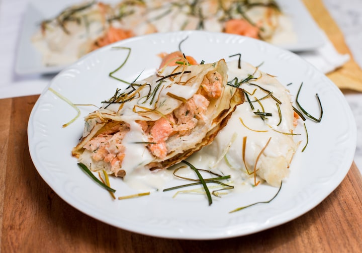 Panqueca de salmão com alho-poróda chef Rita Atrib.