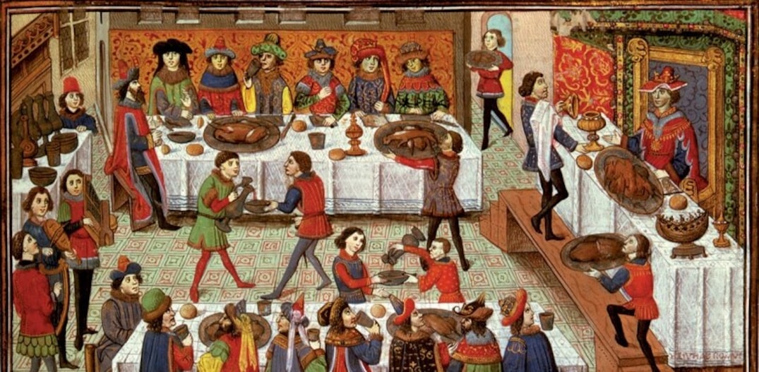 À mesa. Ilustrações retratam hábitos alimentares da Europa medieval. Foto: Lauros Giraudon|Divulgação
