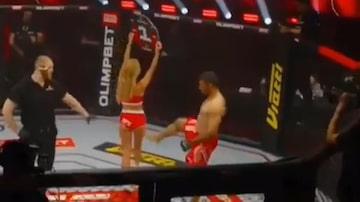 Ali Heibati chuta a ring girl Maria antes de luta pelo HFC MMA. Foto: Reprodução/YouTube/HFC MMA
