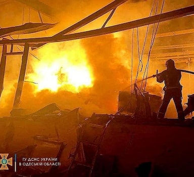 First responders work at the site of a missile strike, amid Russia's invasion of Ukraine, in Odesa, Ukraine in this handout image released May 10, 2022.  State Emergency Service of Ukraine/Handout via REUTERS    THIS IMAGE HAS BEEN SUPPLIED BY A THIRD PARTY. MANDATORY CREDIT.