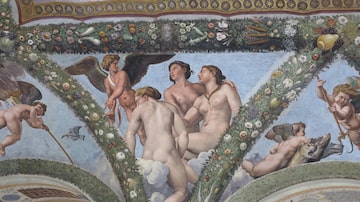 Villa Farnesina Fresco Detail Depicting Amor with the Graces in Rome, Italy. Foto: Monica - stock.adobe.com