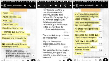 Algumas das mensagens que mario Abdo Benítez teria enviado para Pedro Ferreira sobre a negociação de Itaipu. Foto: Reprodução/ABC Color
