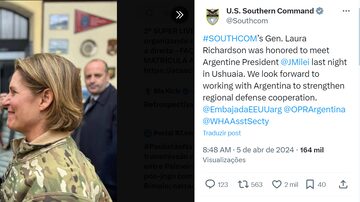 O encontro do presidente argentino Javier Milei com a general Laura Richardson, em Usguaia, na Terra do Fogo: promessa de base naval comum. Reprodução / Twitter U.S. Southern Command. Foto: Reprodução / Twitter U.S. Southern Command