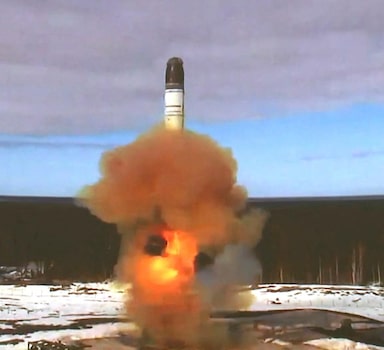 The Sarmat intercontinental ballistic missile is launched during a test at Plesetsk cosmodrome in Arkhangelsk region, Russia, in this still image taken from a video released on April 20, 2022. Russian Defence Ministry/Handout via REUTERS ATTENTION EDITORS - THIS IMAGE WAS PROVIDED BY A THIRD PARTY. NO RESALES. NO ARCHIVES. MANDATORY CREDIT.