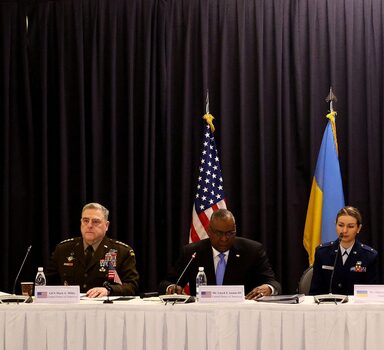 Ukrainian Defence Minister Oleksii Reznikov and his German counterpart Christine Lambrecht listen to the opening remarks of U.S. Secretary of Defense Lloyd Austin during the Ukraine Defense Consultative Group meeting, as Russia's attack on Ukraine continues, at U.S. Airbase in Ramstein, Germany, April 26, 2022.  REUTERS/Kai Pfaffenbach