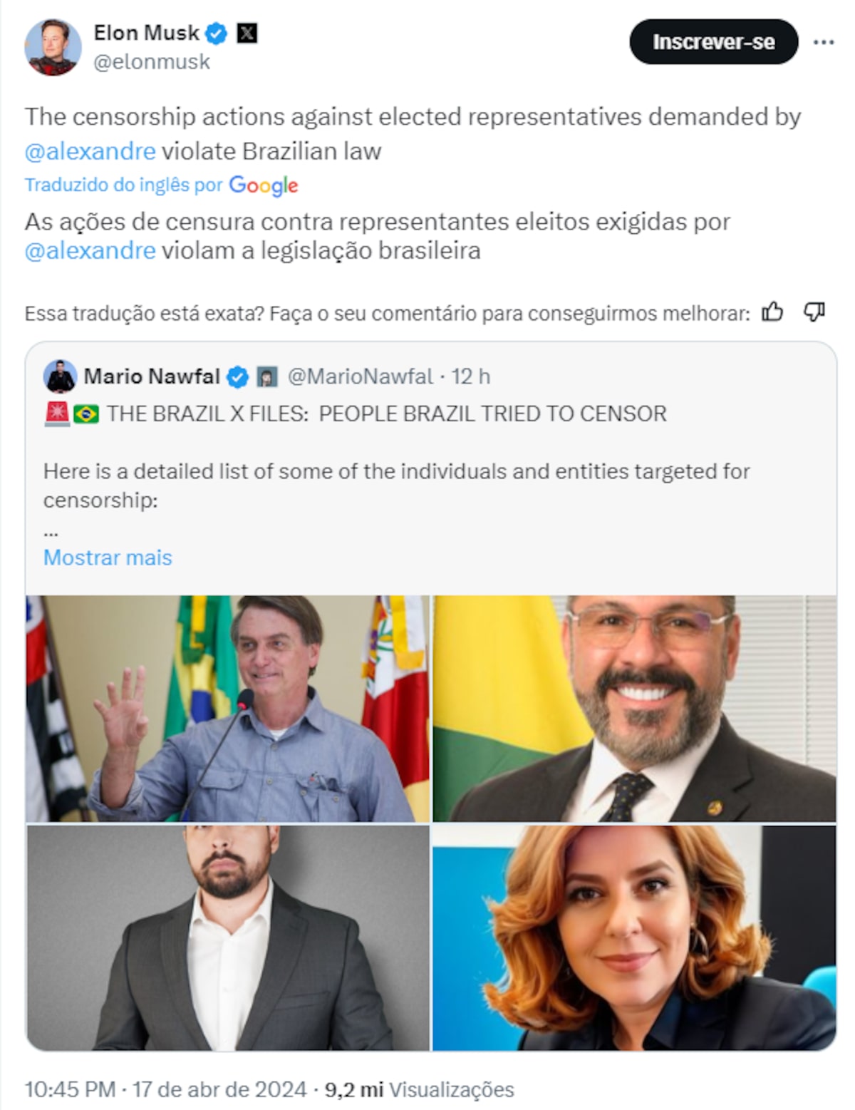 Musk compartilha publicação que acusa o STF de perseguir o ex-presidente Jair Bolsonaro e os aliados dele