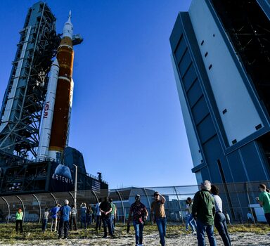 NASA's Space Launch System rocket Artemis I rolls out from the Vehicle Assembly Building at Kennedy Space Center Thursday March 17, 2022 in Cape Canaveral, Fla. The vehicle is headed to Pad 39B for a systems test known as a 'wet dress rehearsal'. (Craig Bailey/Florida Today via AP)