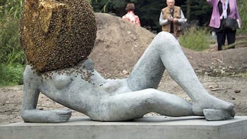 
"Estátua de jovem mulher com o rosto coberto por uma colméia de abelhas", obra do artista francês Pierre Huyghe na documenta 13 de Kassel, na Alemanha, 2012.
