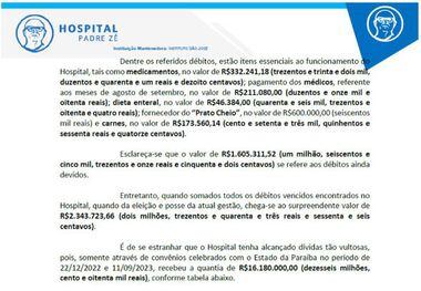 Ofício enviado pela atual gestão do Hospital Padre Zé e pela instituição mantenedora aponta dívida de mais de R$ 2 milhões