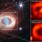 A imagem no canto superior direito mostra a luz do argônio ionizado individualmente e, no canto inferior direito, registro da luz do argônio ionizado multiplicado. Registros captaram um sinal forte vindo do centro do remanescente da supernova, que indicou aos cientistas a existência de uma provável estrela de nêutrons no local. Foto: NASA, ESA, CSA, STScI, C. Fransson (Universidade de Estocolmo), M. Matsuura (Universidade de Cardiff), MJ Barlow (University College London), PJ Kavanagh (Universidade Maynooth), J. Larsson (KTH Royal Institute of Technology