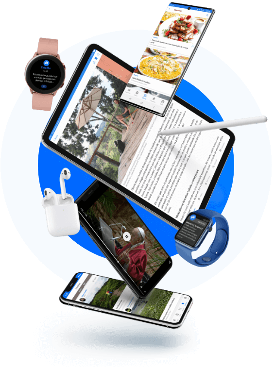 Apresentação das funcionalidades do app do Estadão em smartphone, tablet e smartwatch